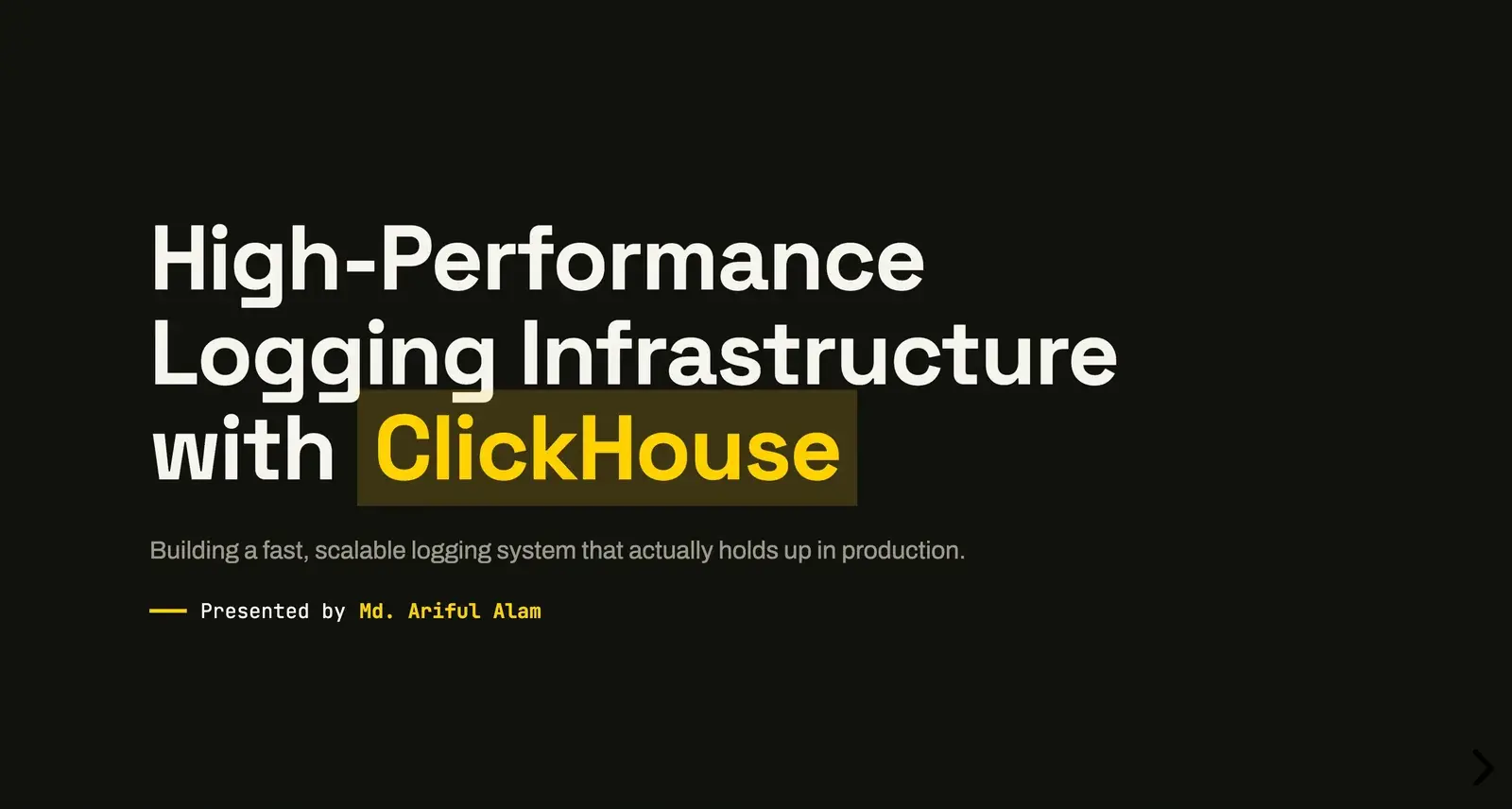 A slide from a ClickHouse deck with the yellow theme