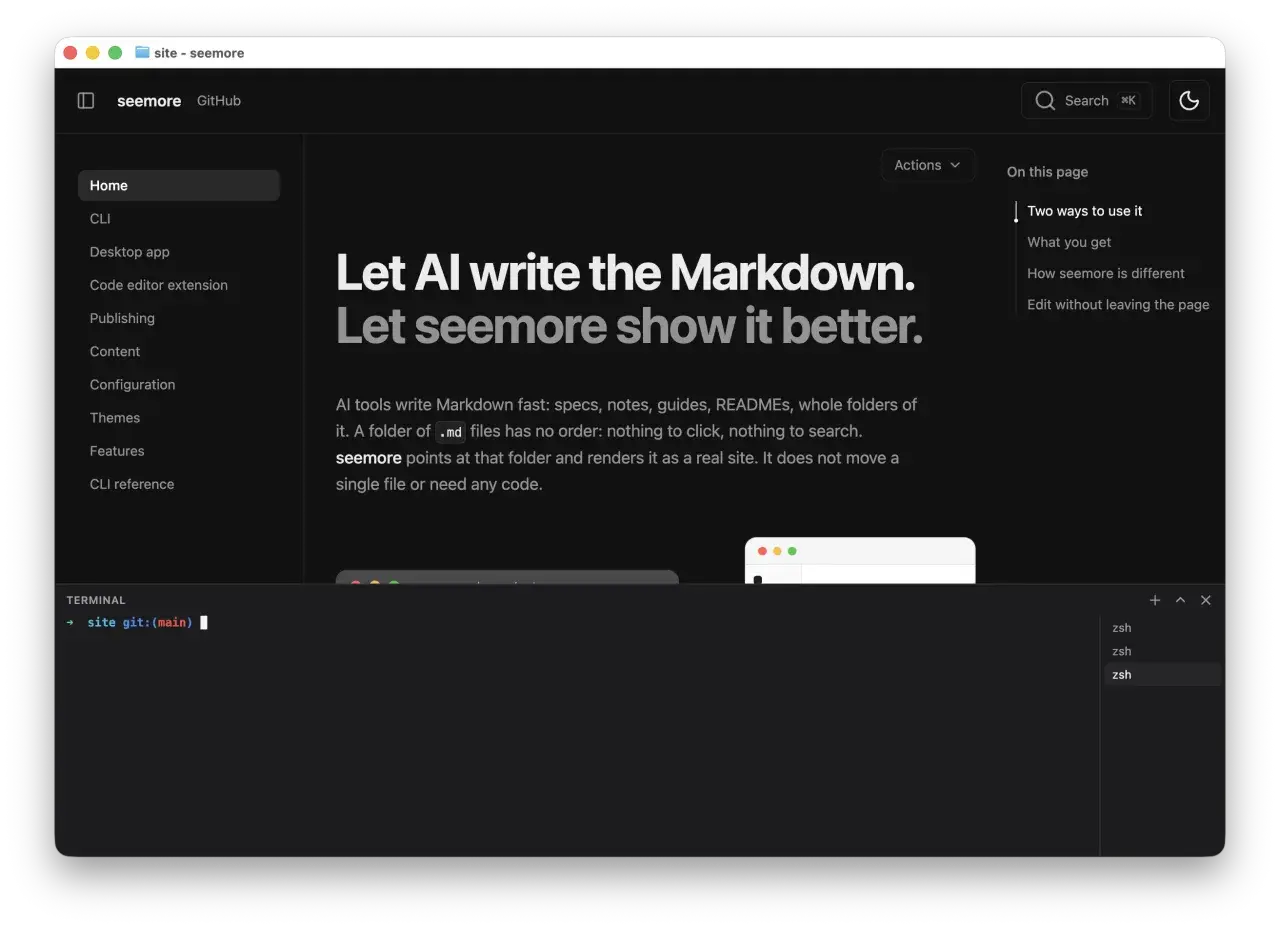 The seemore desktop app showing a folder of Markdown as a site, with the integrated terminal open below it