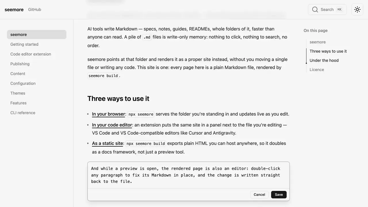 seemore rendering a folder of Markdown in the browser, with a paragraph's Markdown source open in an inline editor that has Cancel and Save buttons